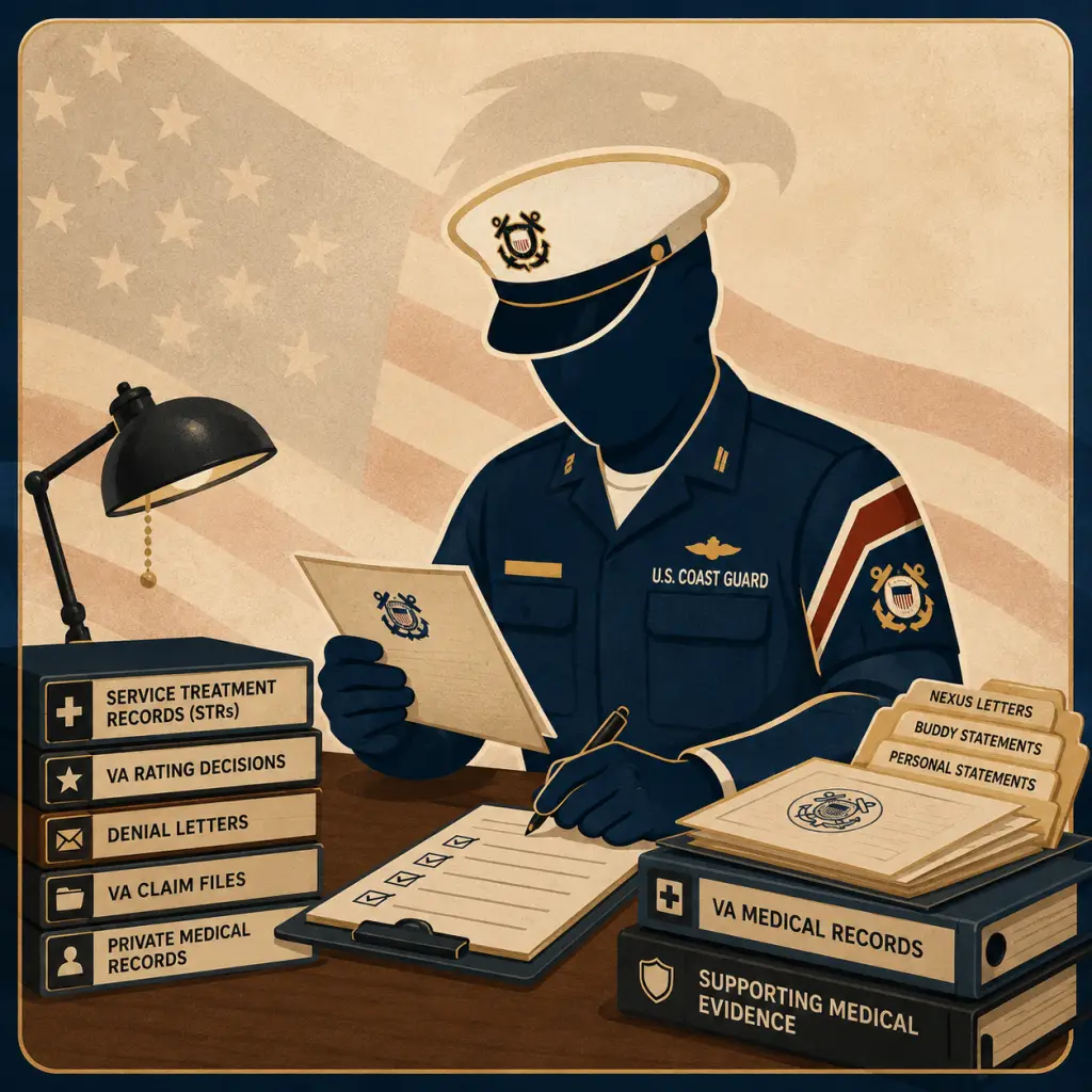 Coast Guard mascot reviewing VA disability claim documents, medical records, and supporting evidence at a desk.