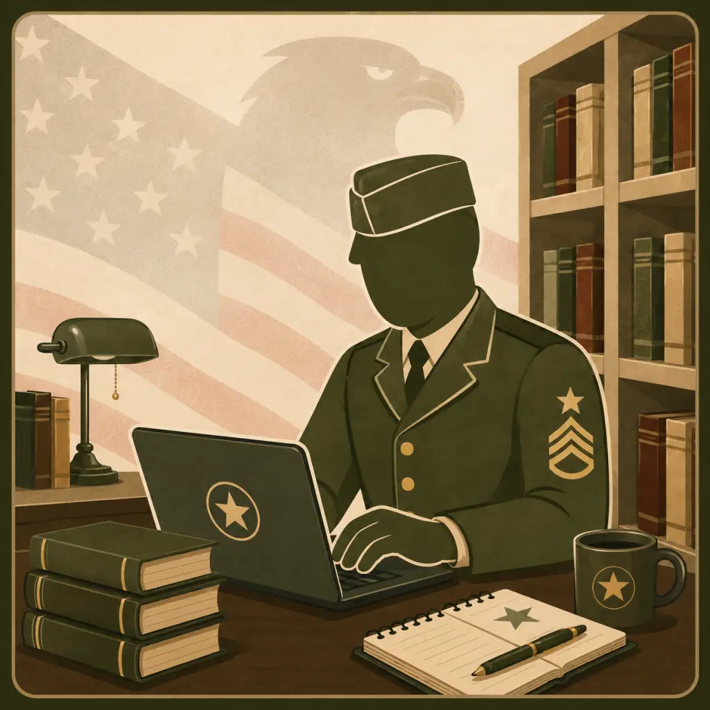 Army mascot working at a laptop with books and research materials representing trusted VA resources and veteran benefits information.