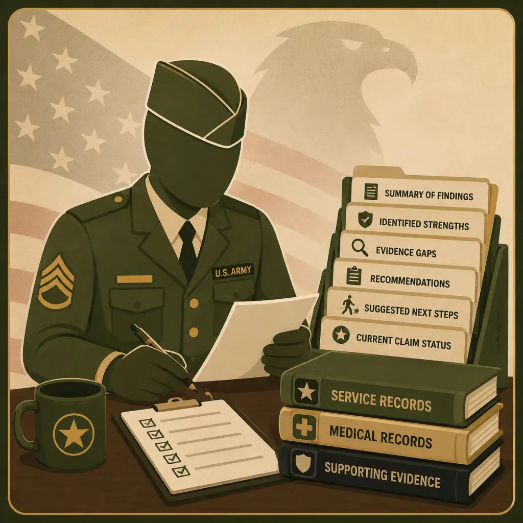 Army mascot reviewing VA disability claim documents with organized recommendations, evidence summaries, and next-step guidance.