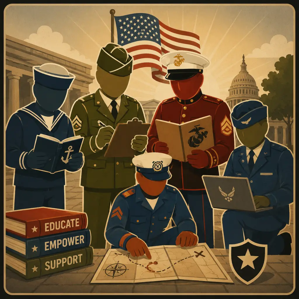 Faceless Army, Navy, Marine Corps, Air Force, and Coast Guard mascots working together to support veterans through education, claim strategy, and evidence review.