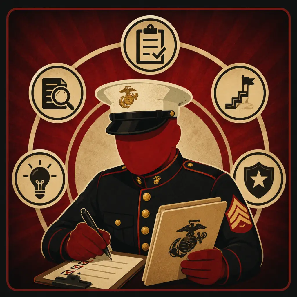 Marine mascot reviewing VA disability claim documents while developing a personalized action plan and claim strategy.
