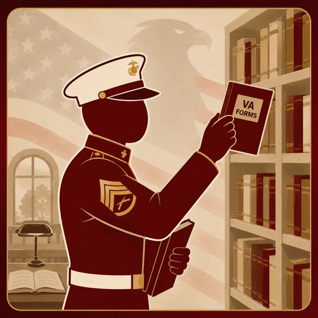 Flat vector illustration of a Marine-inspired veteran selecting a resource book from a library shelf, representing VA disability education and official veteran resources.