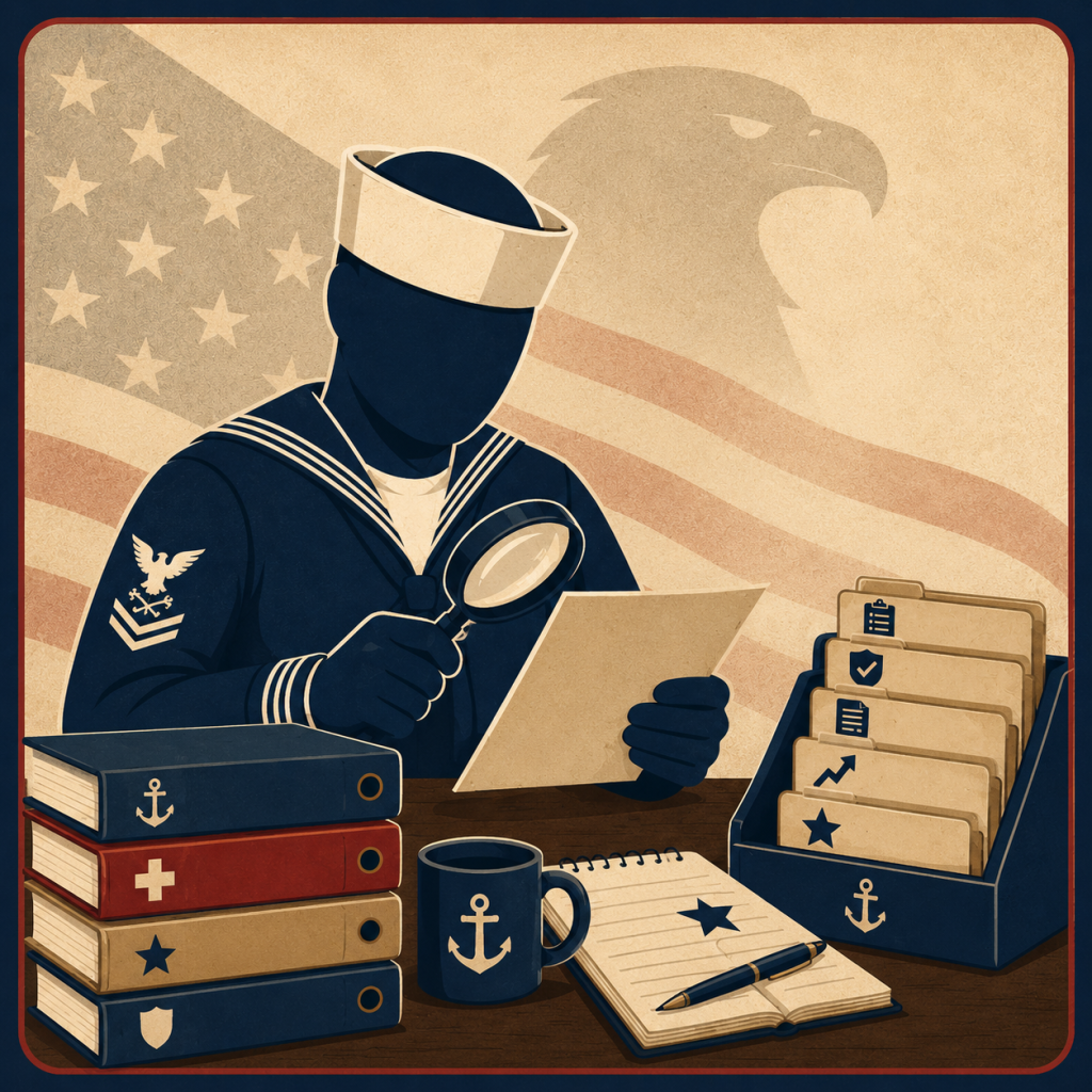 Navy mascot reviewing VA disability claim documents with a magnifying glass to identify missing evidence and strengthen a veteran's claim.