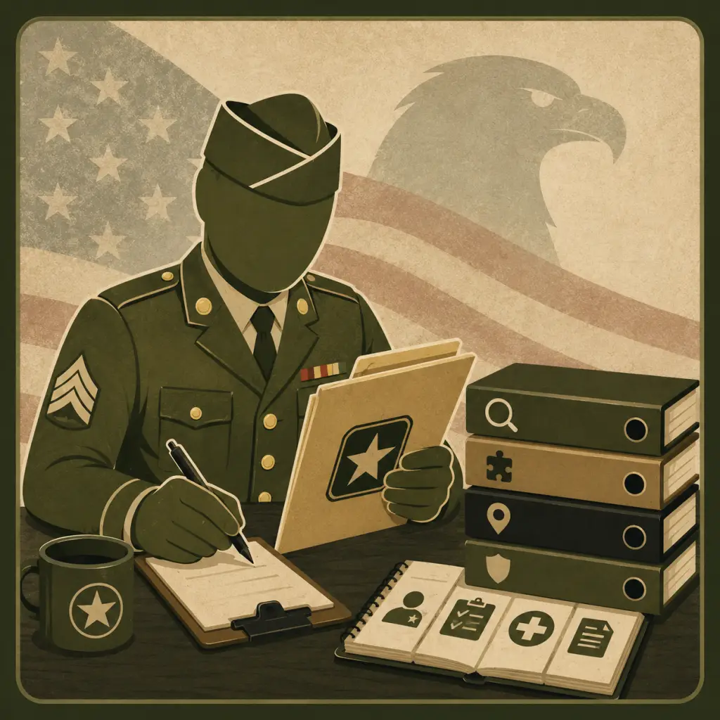 Army mascot reviewing VA disability claim documents and organizing evidence during the strategic claim review process.