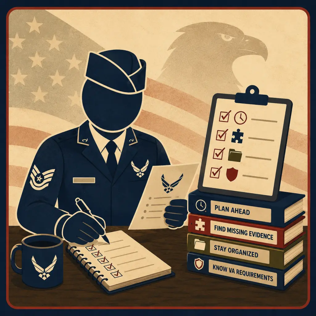 Air Force mascot planning a VA disability claim with a checklist, organized records, and claim strategy documents.