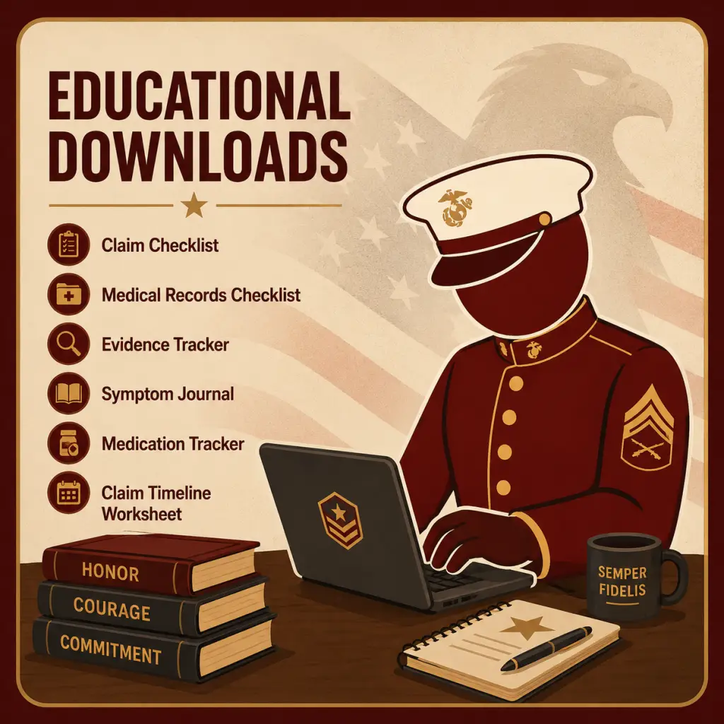 Marine mascot using a laptop to organize VA disability claim resources with downloadable checklists, trackers, and educational worksheets.