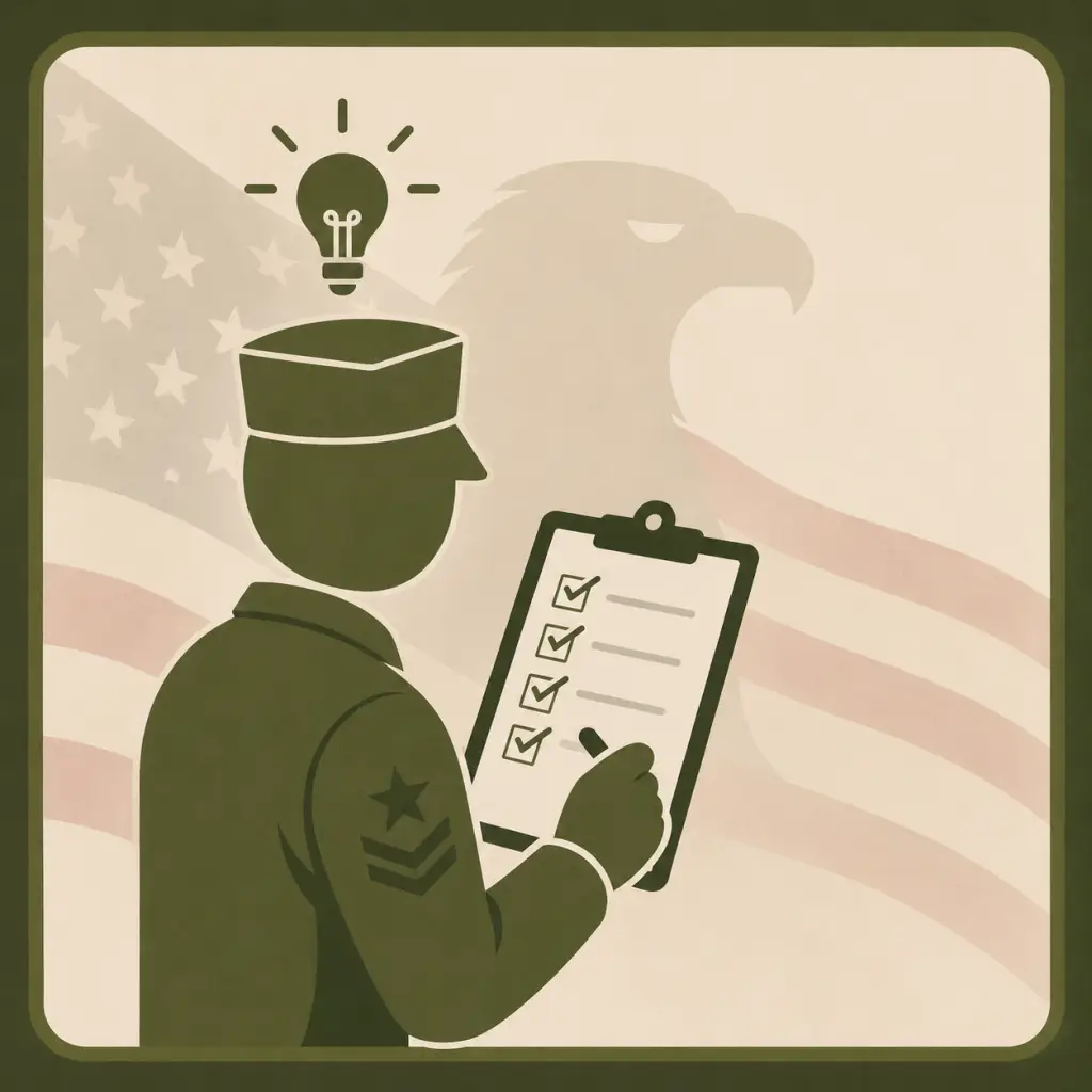 Flat vector illustration of an Army-inspired veteran reviewing a VA disability evidence checklist with a light bulb symbolizing understanding and learning.