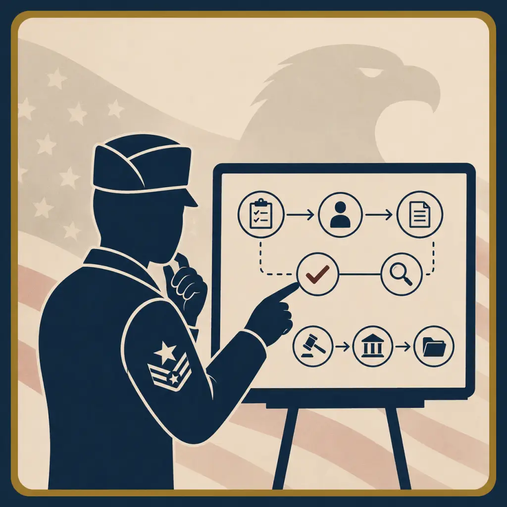 Flat vector illustration of an Air Force-inspired service member explaining the VA disability claims process using a visual roadmap with claim milestones and decision points.
