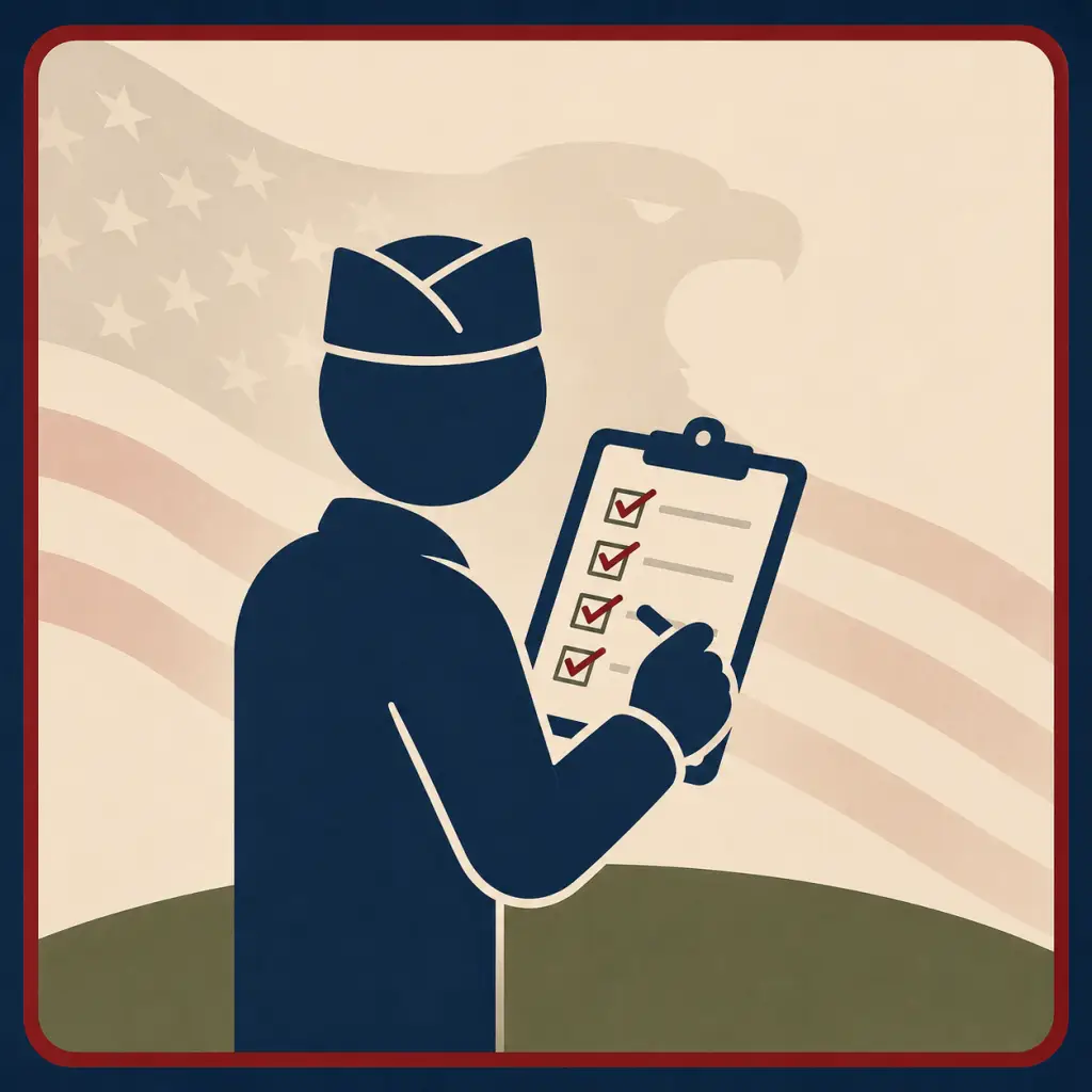 Illustrated VA disability education graphic showing a veteran reviewing a checklist of service connection types, including direct, secondary, presumptive, and aggravated service connections.