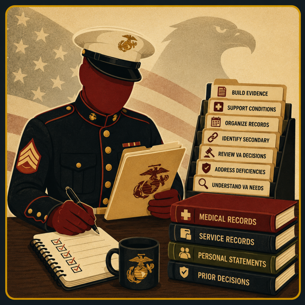 Marine mascot organizing VA disability claim records, medical evidence, and strategic planning documents to build a stronger claim.