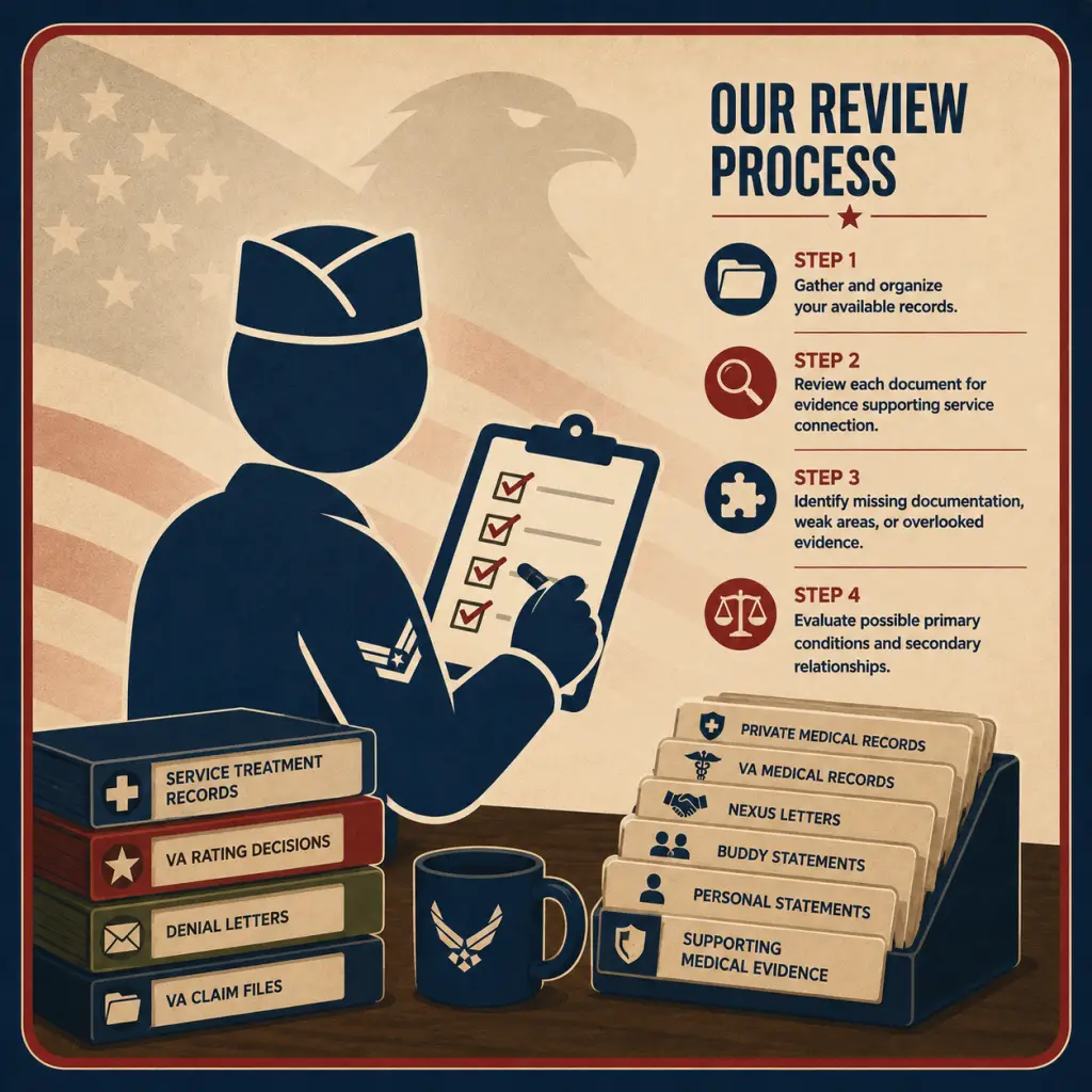 Air Force mascot reviewing a VA disability claim checklist and evidence as part of the VetForge claim review process.